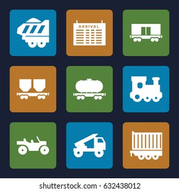 Train icons set. set of 9 train filled icons such as arrival table, train toy, cargo wagon, cargo trailer, truck rocket