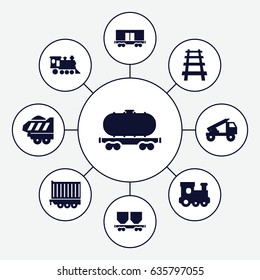 Train icons set. set of 9 train filled icons such as train toy, cargo wagon, locomotive, railway, cargo trailer