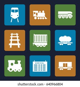 Train icons set. set of 9 train filled icons such as arrival table, cargo wagon, locomotive, railway, cargo trailer