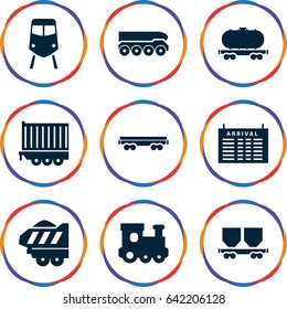 Train icons set. set of 9 train filled icons such as arrival table, cargo wagon, cargo trailer