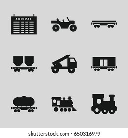 Train icons set. set of 9 train filled icons such as arrival table, train toy, cargo wagon, locomotive, truck rocket