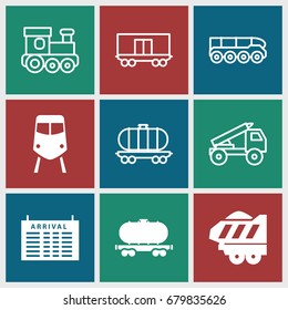 Train icons set. set of 9 train filled and outline icons such as arrival table, cargo wagon, cargo trailer, truck rocket