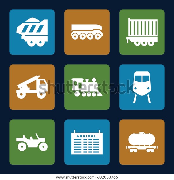 train icons set. Set of 9 train filled icons such\
as train, arrival table, cargo wagon, locomotive, cargo trailer,\
truck rocket