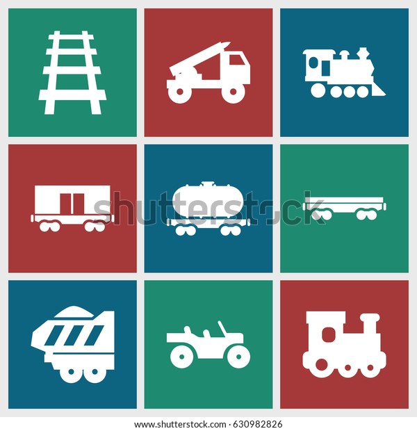 Train icons set. set of 9 train filled icons such\
as train toy, cargo wagon, locomotive, railway, cargo trailer,\
truck rocket
