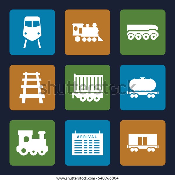Train icons\
set. set of 9 train filled icons such as arrival table, cargo\
wagon, locomotive, railway, cargo\
trailer