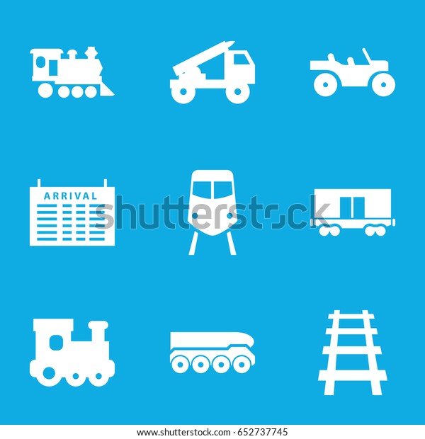 Train icons set.\
set of 9 train filled icons such as arrival table, cargo wagon,\
locomotive, railway, truck\
rocket