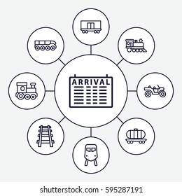 train icons set. Set of 9 train outline icons such as arrival table, cargo wagon, locomotive, railway