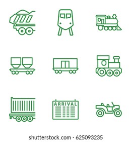 Train icons set. set of 9 train outline icons such as arrival table, cargo wagon, locomotive, cargo trailer