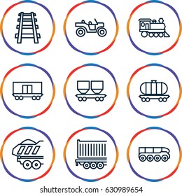 Train icons set. set of 9 train outline icons such as cargo wagon, locomotive, railway, cargo trailer