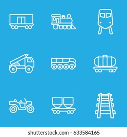 Train icons set. set of 9 train outline icons such as train, cargo wagon, locomotive, railway, truck rocket