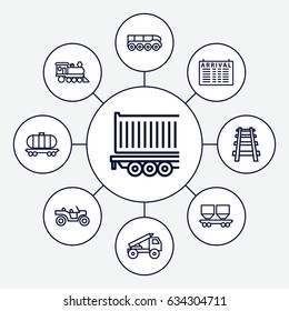 Train icons set. set of 9 train outline icons such as arrival table, cargo wagon, locomotive, railway, cargo trailer, truck rocket