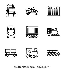 Train icons set. set of 9 train outline icons such as arrival table, cargo wagon, locomotive, railway, cargo trailer
