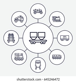 Train icons set. set of 9 train outline icons such as cargo wagon, locomotive, railway, truck rocket