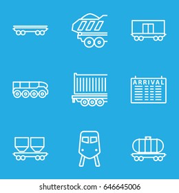 Train icons set. set of 9 train outline icons such as train, arrival table, cargo wagon, cargo trailer