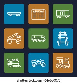 Train icons set. set of 9 train outline icons such as arrival table, train toy, cargo wagon, locomotive, railway, truck rocket