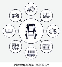Train icons set. set of 9 train outline icons such as arrival table, train toy, cargo wagon, railway, cargo trailer, truck rocket