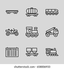 Train icons set. set of 9 train outline icons such as arrival table, train toy, cargo wagon, locomotive, truck rocket