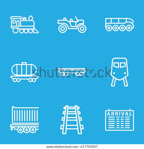 Train icons set. set of 9 train outline icons\
such as train, arrival table, cargo wagon, locomotive, railway,\
cargo trailer