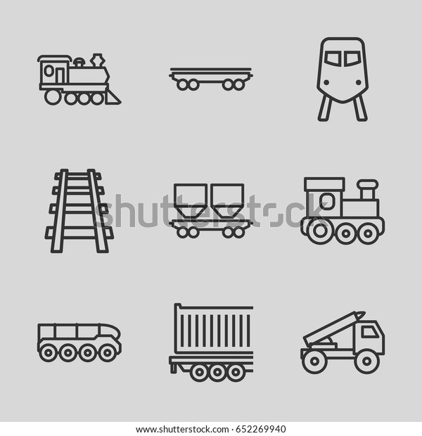 Train\
icons set. set of 9 train outline icons such as cargo wagon,\
locomotive, railway, cargo trailer, truck\
rocket