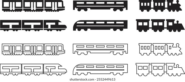 Iconos de tren establecidos en estilos planos y de línea. Elementos de viaje. Transporte ferroviario. Metro, metro y señales de metro. Pictograma de tranvía público. Concepto de vagón de ferrocarril. locomotora sobre fondo transparente.