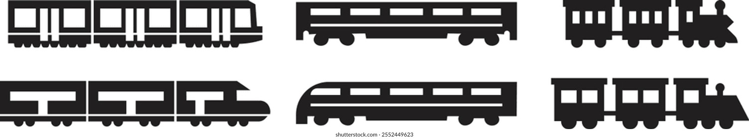 Train icons set in flat styles. Travel elements. Railway transport. Subway, metro and underground signs. Public tram pictogram. Railway carriage concept. locomotive isolated on transparent background.