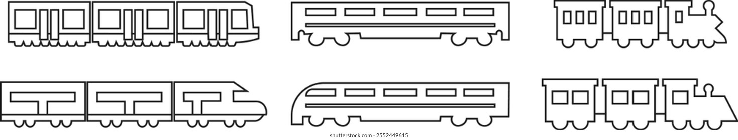 Train icons set in line styles. Travel elements. Railway transport. Subway, metro and underground signs. Public tram pictogram. Railway carriage concept. locomotive isolated on transparent background.