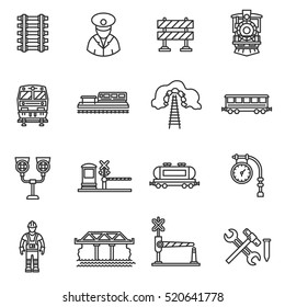 Train icons set. Railway, thin line design. Railways, linear symbols collection. Cargo train, isolated vector illustration. The vehicle train