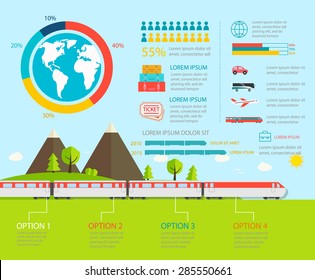 Train infographics, vector illustration. Transportation infographic with railway transport.  High speed modern commuter train in motion  Vector transport concept with train on landscape backdrop 