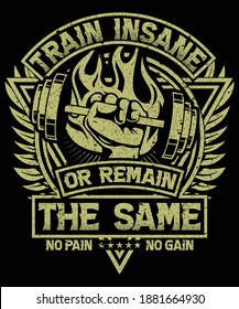 Train insane or remain the same t-shirt design for fitness and workout lovers