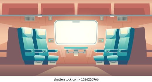 Train inside interior, empty railway car with comfortable double seats, hinged table buttons panel near large window, luggage compartment storage above. Commuter transport. Cartoon vector illustration