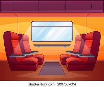 Train Inside Interior, Empty Railway Car With Comfortable Seats Near Large Window