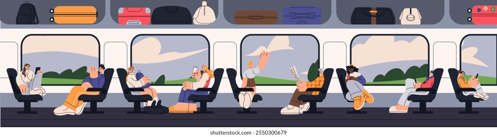 Entrena adentro. Los pasajeros viajan. Personas sobre Vacantes. Persona con equipaje en viaje. Hombre mirando la ventana de la cabina. Lectura turística. Viaje en tren. Transporte ferroviario. Interior del vagón de ferrocarril de Vector