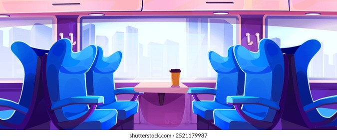 Comboio dentro com assentos pela janela. Ilustração em desenho animado vetorial do habitáculo ou do metro com cadeiras confortáveis, xícara de café na mesa, vista moderna da paisagem urbana, serviço de transporte urbano