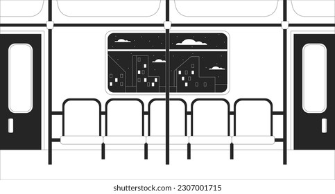 Train interior black and white lo fi chill wallpaper. Metro seats. Subway inside. Rapid transit 2D vector cartoon interior illustration, minimalism background. 80s retro album art, line art