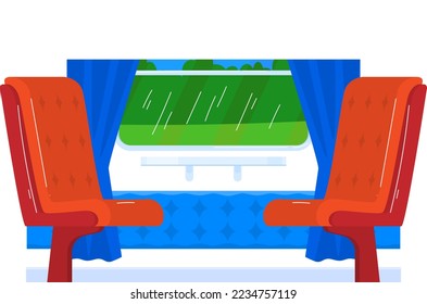 Train interior with cartoon seat, isolated on white vector illustration. Travel in cartoon transport design, chair near window object.