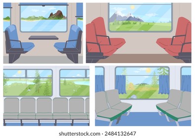 Train interior with comfortable seats flat cartoon set