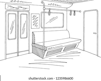 Train interior graphic metro subway black white sketch illustration vector