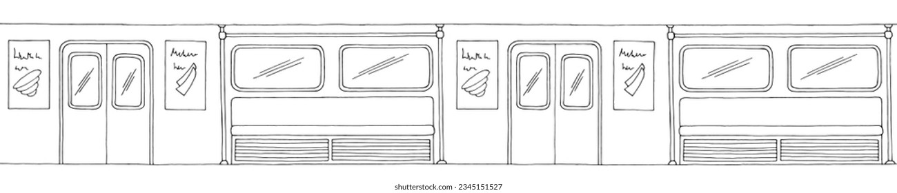 Train interior graphic metro subway black white long sketch illustration vector 