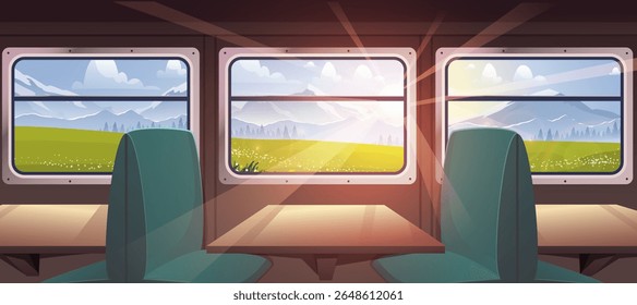 Train interior inside. Green chairs and wooden tables. Travel, trip and journey. Beautiful wagon cabin. Modern transport on railroad. Cartoon vector illustration