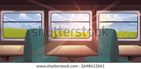 Train interior inside. Green chairs and wooden tables. Travel, trip and journey. Beautiful wagon cabin. Modern transport on railroad. Cartoon vector illustration