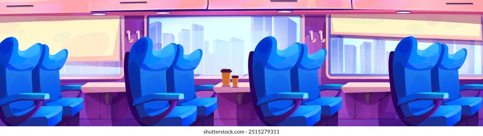 Interior del tren con asiento interior cerca de la Ilustración vectorial de la ventana. Transporte ferroviario con vista a la ciudad. Vehículo express de negocios para el viaje con taza para llevar en la mesa. Panorama del ferrocarril público