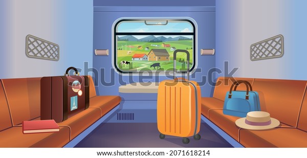 Train interior inside\
view with luggage and the village in the window. Train\
travel.Vector\
illustration