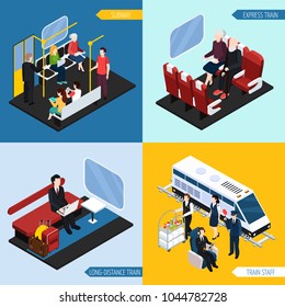 Train interior with passengers for long distance travel, express journey, subway, isometric design concept vector illustration