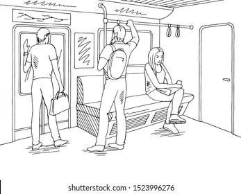 Train interior people graphic metro subway black white sketch illustration vector