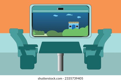 Train interior scene. Chairs and table and outdoor scene from a train window. Vector, illustration