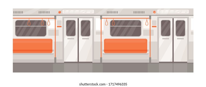 Train interior semi flat vector illustration. Subway seats row with handrails. Public transport with nobody inside. Empty underground transport. Metro tram 2D cartoon background for commercial use