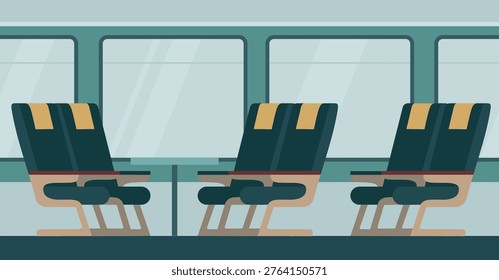 Train interior side view with windows and empty passenger seats railway transport flat vector illustration