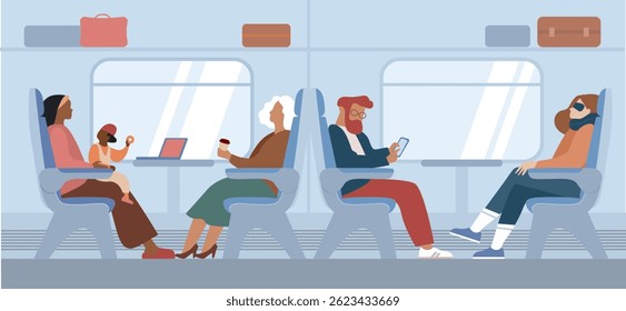 Train interior with traveling passengers. People travel by train. Vector flat cartoon illustration
