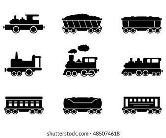 train isolated black icons symbols set on white background for railroad or transportation industry