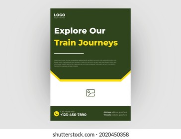 Train journey flyer template. Holiday travel flyer poster design. Train journey holiday agency poster leaflet template design